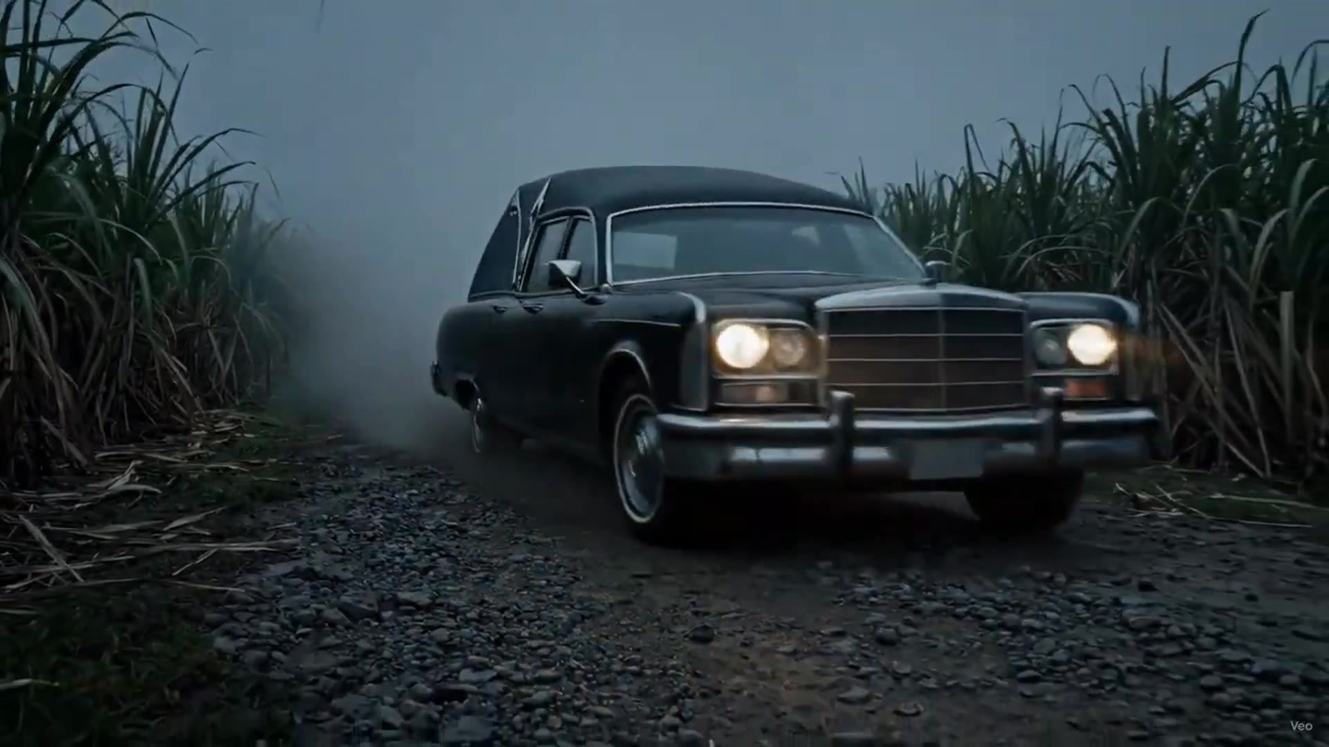 A dark hearse on a Caribbean road at night